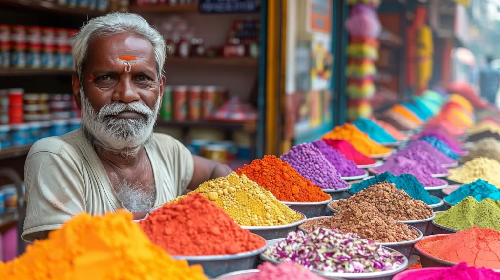 A street vendor selling colors for the Holi festival.